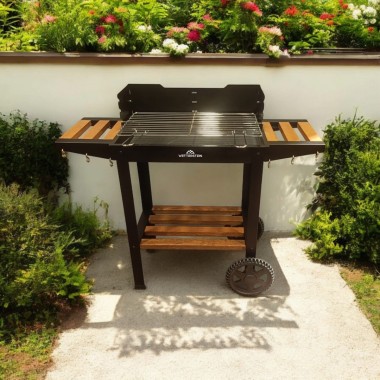 Wetterstein Tekerlekli Mangal , ahşap sehpalı ve raflı barbekü S model